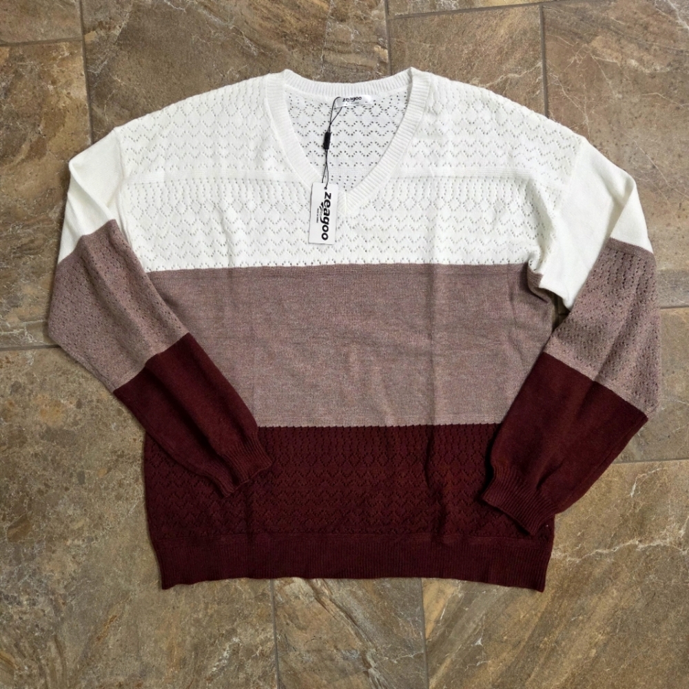 NWT Zeagoo Colorblock V-Neck Sweater - Cream,‎ Brown, and Red